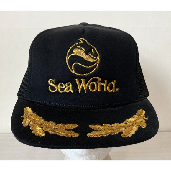 Vintage 80S SEA WORLD Snapback Trucker Mesh Hat Black Gold Embroidered Foam - Picture 1 of 8
